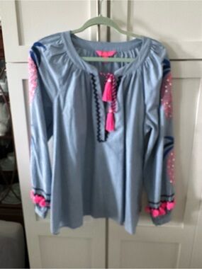 Lilly Pulitzer Light Blue Tunic with Bright Pink Tassels